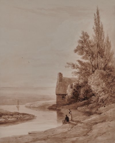 Waterscape with figures and a small boat by Edward Pretty