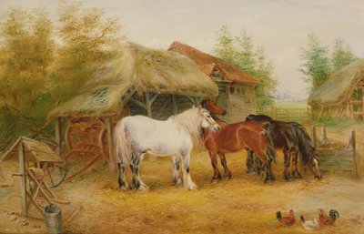 Carthorses in a farmyard by Edwin Frederick Holt
