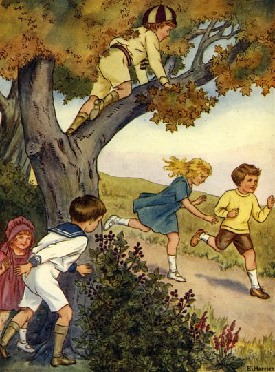 Children hiding in and behind a tree by Edwin Harris