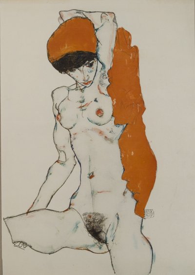 Female nude with orange-red cloth, 1914 by Egon Schiele