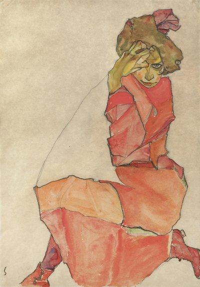 Kneeling Female in Orange-Red Dress by Egon Schiele