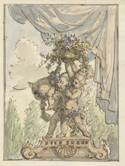 Three Putti with a Basket of Flowers by Elias van Nijmegen