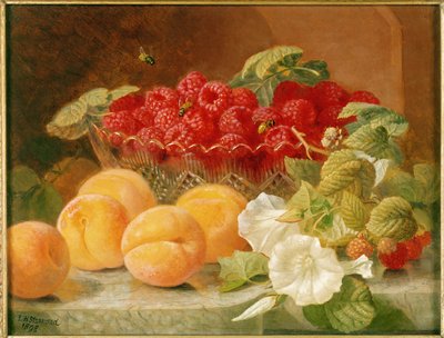 Bowl of raspberries and peaches by Eloise Harriet Stannard