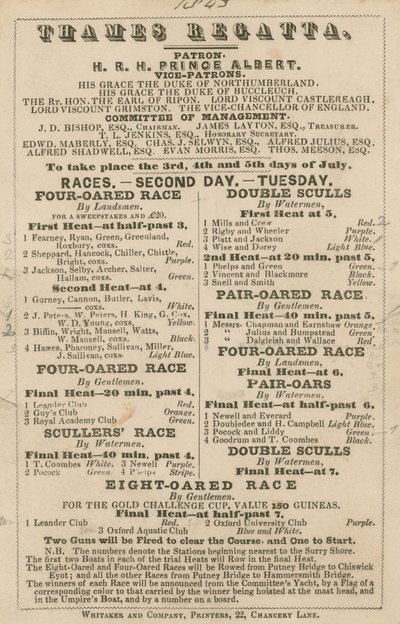 Advert for the Thames Regatta, 1843 by English School