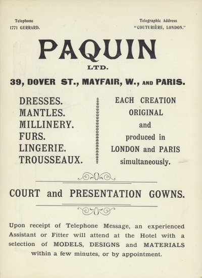 Advertisement for Paquin, dress-makers by English School