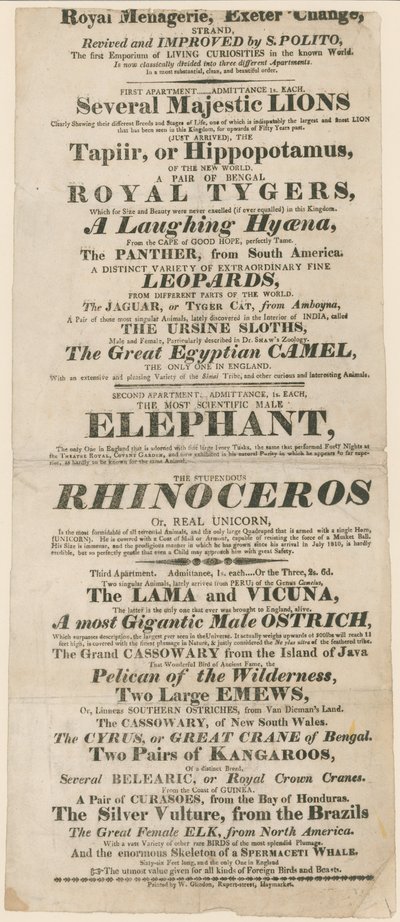 Advertisement for Royal Menagerie, Exeter Change by English School