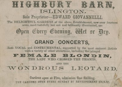 Advertisement for the Highbury Barn Tavern by English School