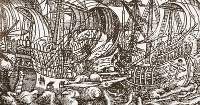 Contemporary woodcut of warship at sea by English School