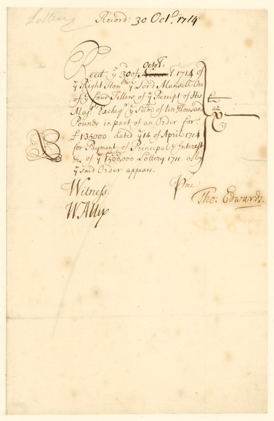 Exchequer Receipt for 1711 Lottery by English School