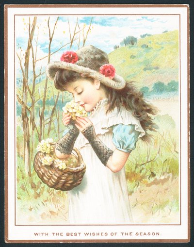 Girl smelling flowers from basket by English School