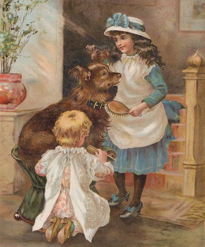 Girls grooming their dog by English School