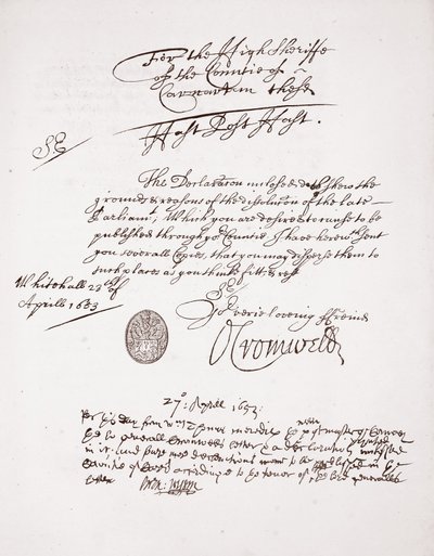 Letter from Oliver Cromwell, April 1653 by English School