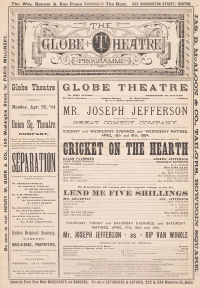 The Globe Theatre Programme, 21st April, 1884 by English School