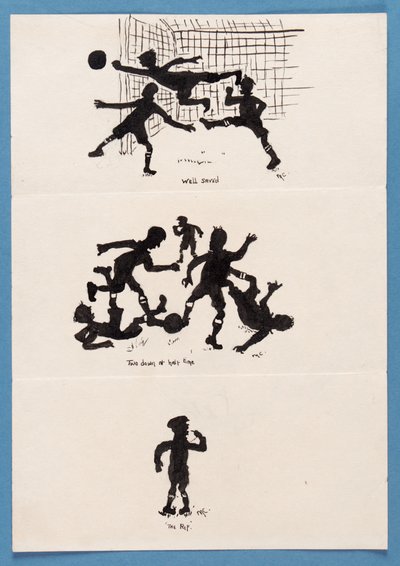 Three silhouettes of footballers by English School