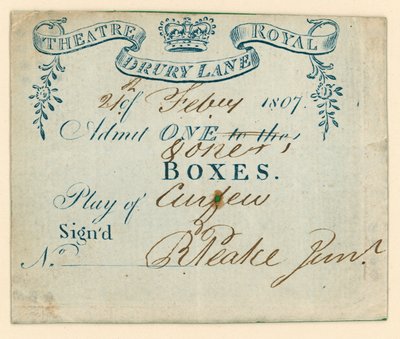 Ticket for Drury Lane Theatre, London by English School