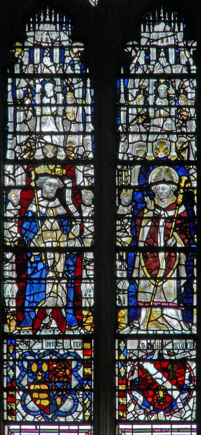 Window depicting figures and shields below by English School