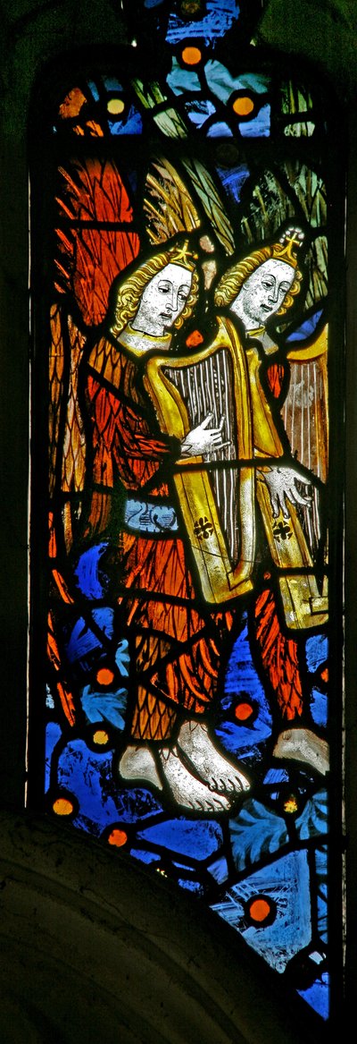 Window depicting musician angels with harps by English School