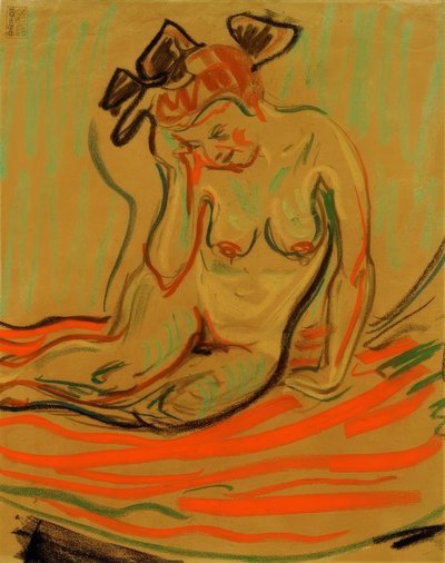 Crouching Female Nude with Arm Resting by Ernst Ludwig Kirchner