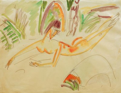 Reclining Female Nude on Fehmarn Beach by Ernst Ludwig Kirchner