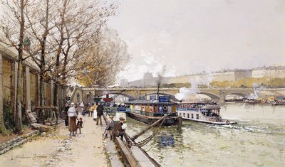 Barges on the Seine by Eugene Galien Laloue