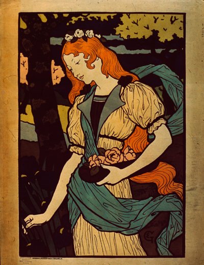 Woman picking flowers by Eugene Grasset