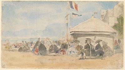 Beach House with Flags at Trouville by Eugène Boudin