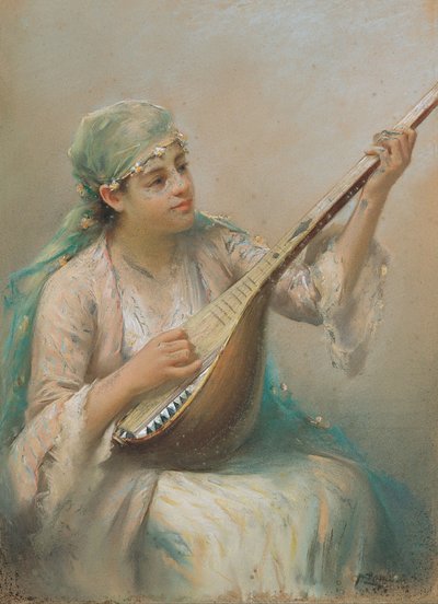 Woman Playing a Lute by Fausto Zonaro