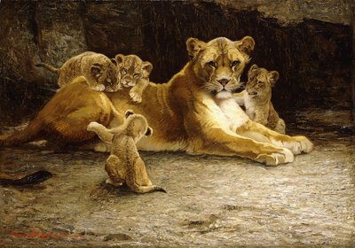 A Lioness with her Cubs by Ferdinand Schebek