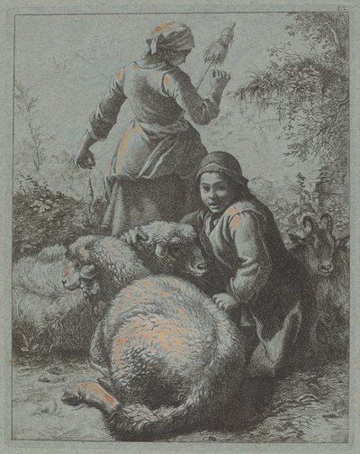 Woman Spinner and a Shepherd with Flock by Francesco Londonio