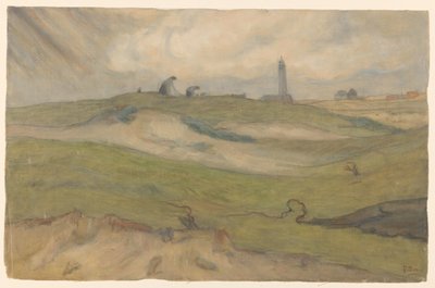Dune Landscape with Lighthouse and Net Menders by Frans Alexander Evert Lodewijk Smissaert