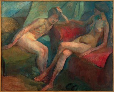 Two Nudes on Red Sofa by Franz Nolken