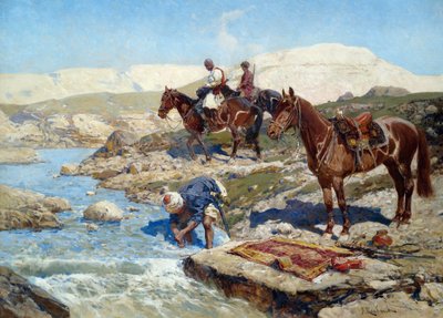 Cherkessian Horsemen Crossing The River by Franz Roubaud