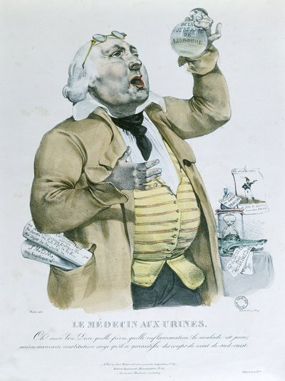 A doctor examining urine by French School