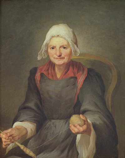 An Old Woman Spinning by French School