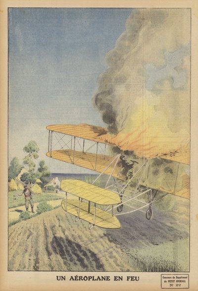 An aeroplane on fire by French School