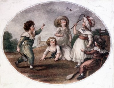 Children playing the wheel game (now badminton) by French School