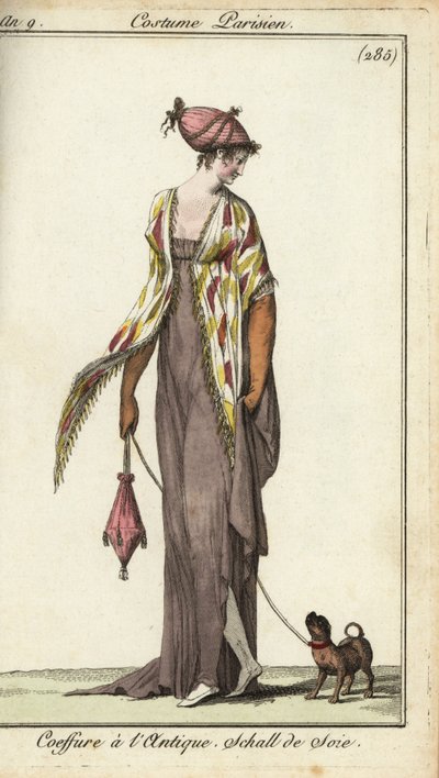 Fashionable woman walking her toy dog by French School