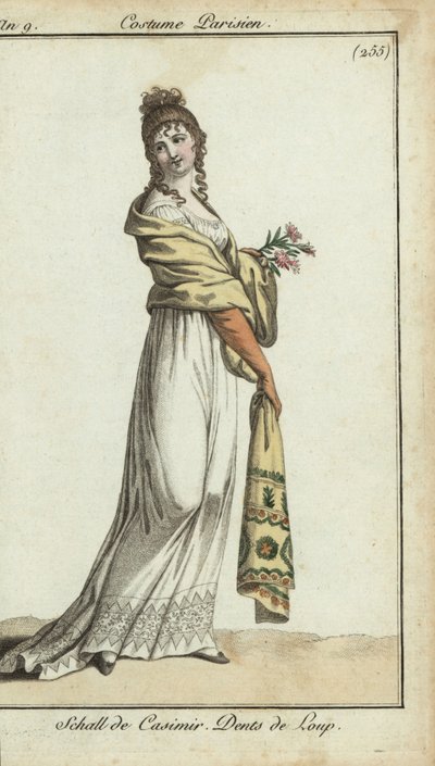 Fashionable woman wearing a cashmere shawl by French School