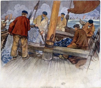 Fishermen Emptying a Net on Board by French School