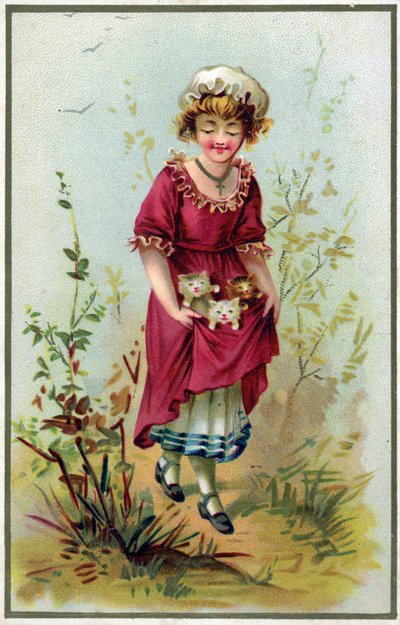 Girl Holding Three Kittens in Her Apron by French School