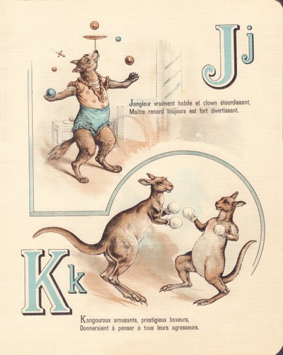 Joyful fox, juggler, kangaroo, kickboxing by French School
