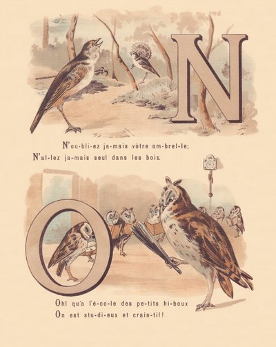 N: Nightingale, nuptial, owl, orthography by French School