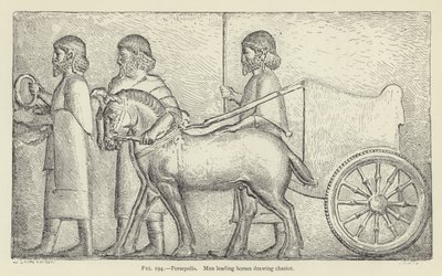 Persepolis, men leading horses drawing chariot by French School