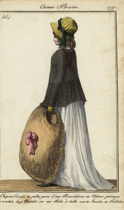 Woman in straw hat and black mantle by French School