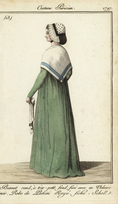 Woman in striped dress with kerchief shawl by French School