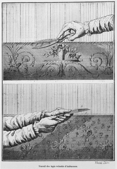 Working on velvet Aubusson tapestries by French School