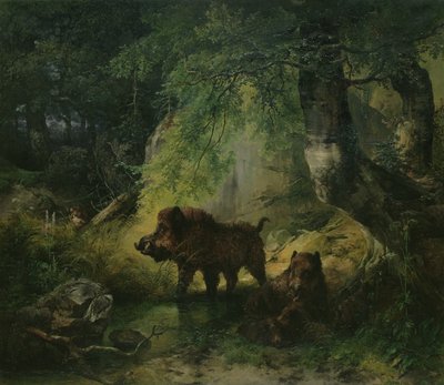 Wild Boar and Wolf by Friedrich Gauermann