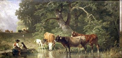 Cattle Watering at a Woodland Pond by Friedrich Johann Voltz