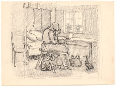 The old woman braids hair by Fritz Syberg