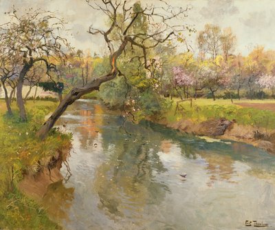 French River Landscape with a Flowering Tree by Frits Thaulow